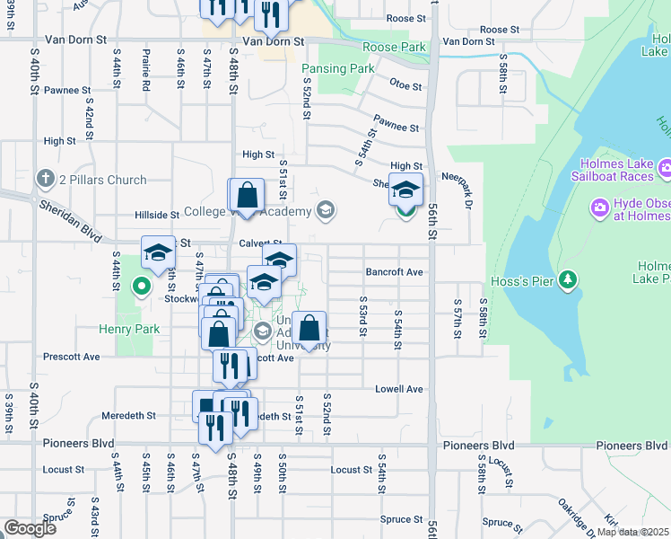 map of restaurants, bars, coffee shops, grocery stores, and more near 5203 Bancroft Avenue in Lincoln
