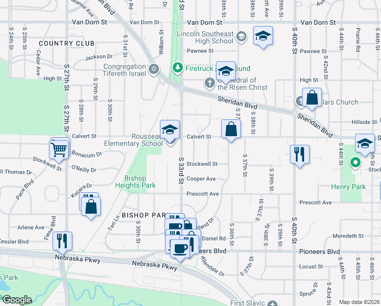 map of restaurants, bars, coffee shops, grocery stores, and more near 3701 South 34th Street in Lincoln