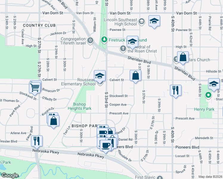 map of restaurants, bars, coffee shops, grocery stores, and more near 3701 South 34th Street in Lincoln