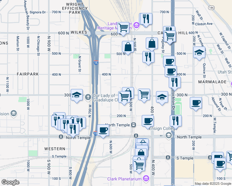 map of restaurants, bars, coffee shops, grocery stores, and more near 568 West 300 North in Salt Lake City