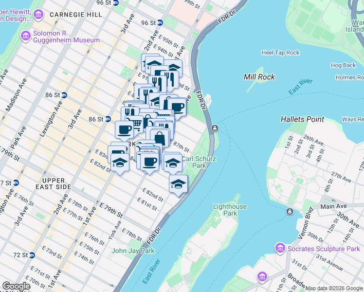 map of restaurants, bars, coffee shops, grocery stores, and more near 528 East 87th Street in New York