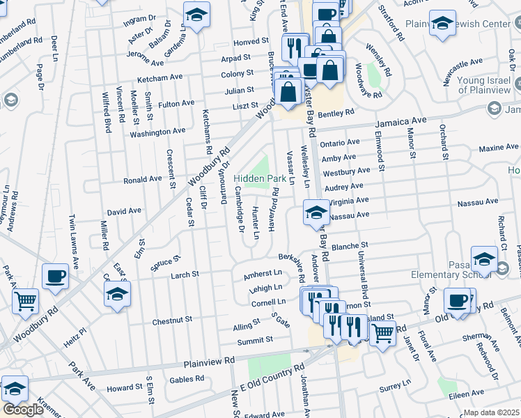 map of restaurants, bars, coffee shops, grocery stores, and more near 54 Hunter Lane in Hicksville