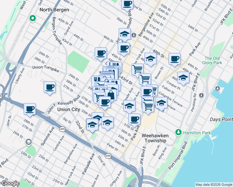 map of restaurants, bars, coffee shops, grocery stores, and more near 402 40th Street in Union City