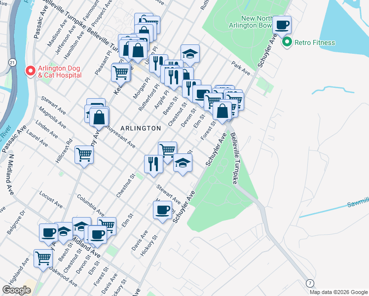map of restaurants, bars, coffee shops, grocery stores, and more near 692 Elm Street in Kearny