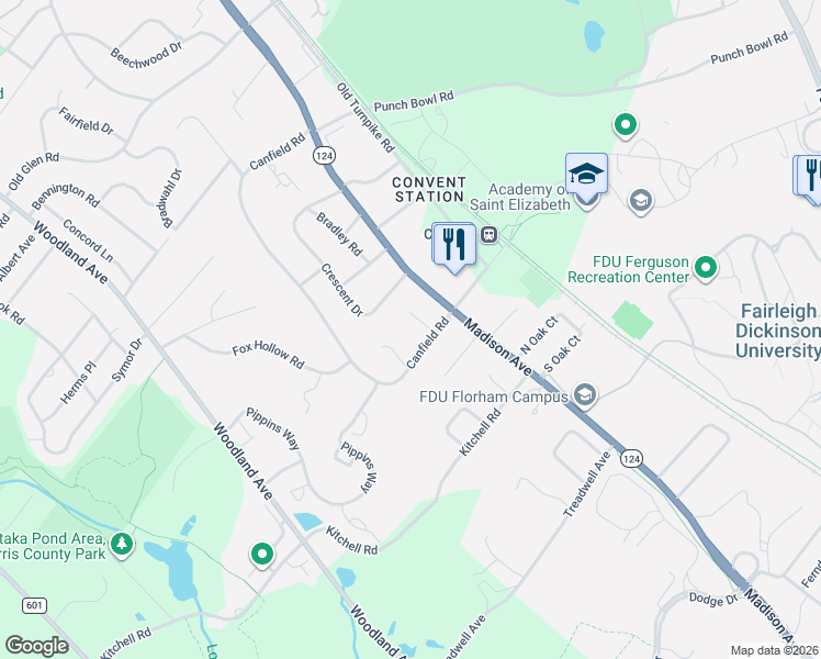 map of restaurants, bars, coffee shops, grocery stores, and more near 3 Bishop Court in Morristown