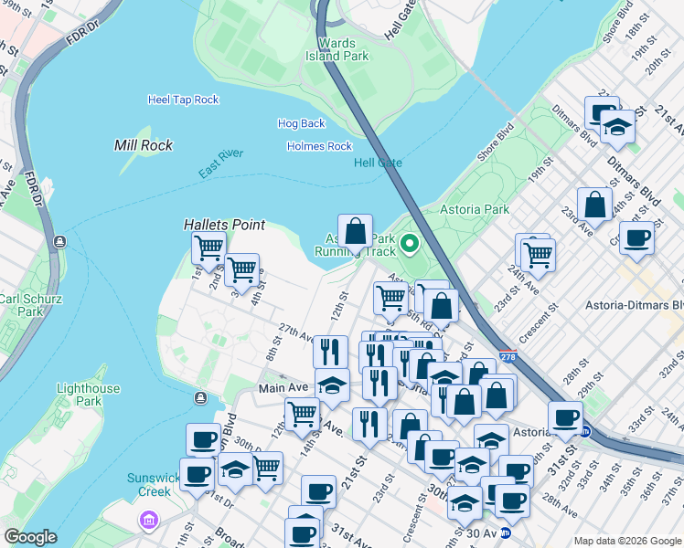 map of restaurants, bars, coffee shops, grocery stores, and more near 25-40 Shore Boulevard in Queens