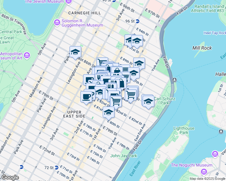 map of restaurants, bars, coffee shops, grocery stores, and more near 339 East 84th Street in New York