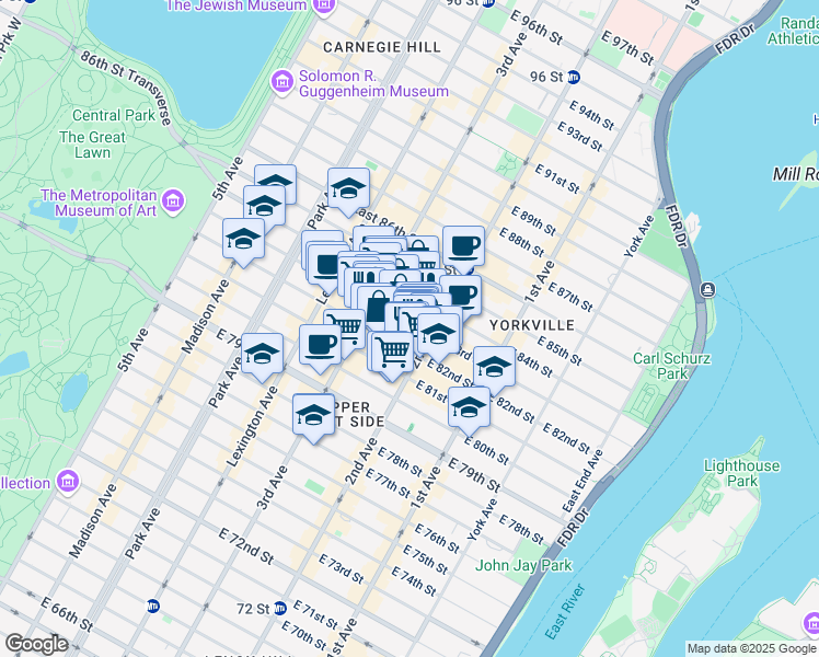 map of restaurants, bars, coffee shops, grocery stores, and more near 238 East 83rd Street in New York