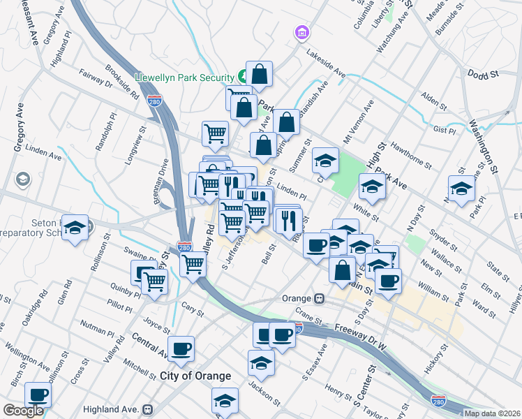 map of restaurants, bars, coffee shops, grocery stores, and more near 22 North Jefferson Street in City of Orange