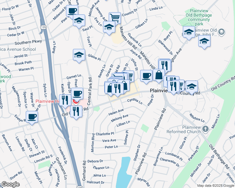 map of restaurants, bars, coffee shops, grocery stores, and more near 1024 Old Country Road in Plainview
