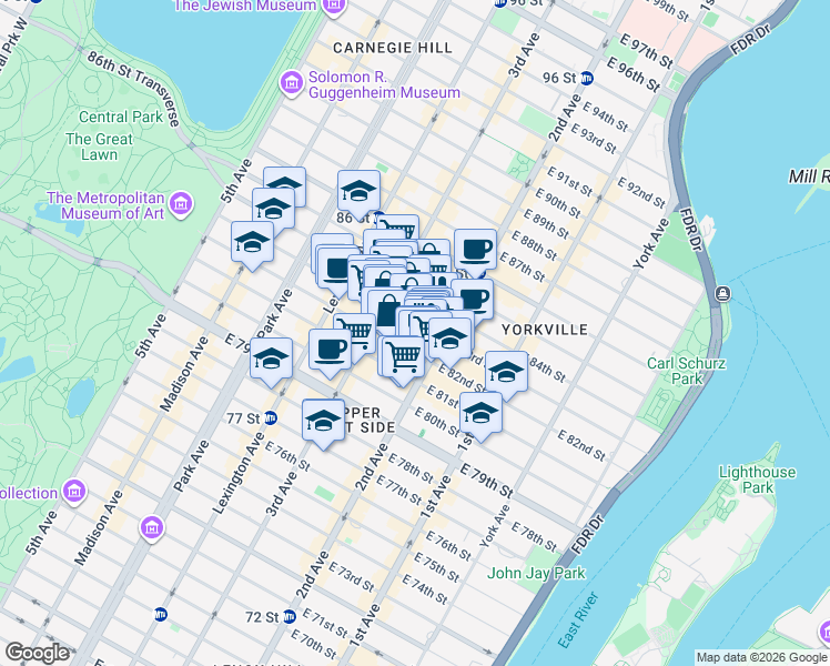 map of restaurants, bars, coffee shops, grocery stores, and more near 225 East 82nd Street in New York