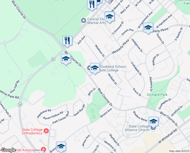 map of restaurants, bars, coffee shops, grocery stores, and more near 1530 Westerly Parkway in State College