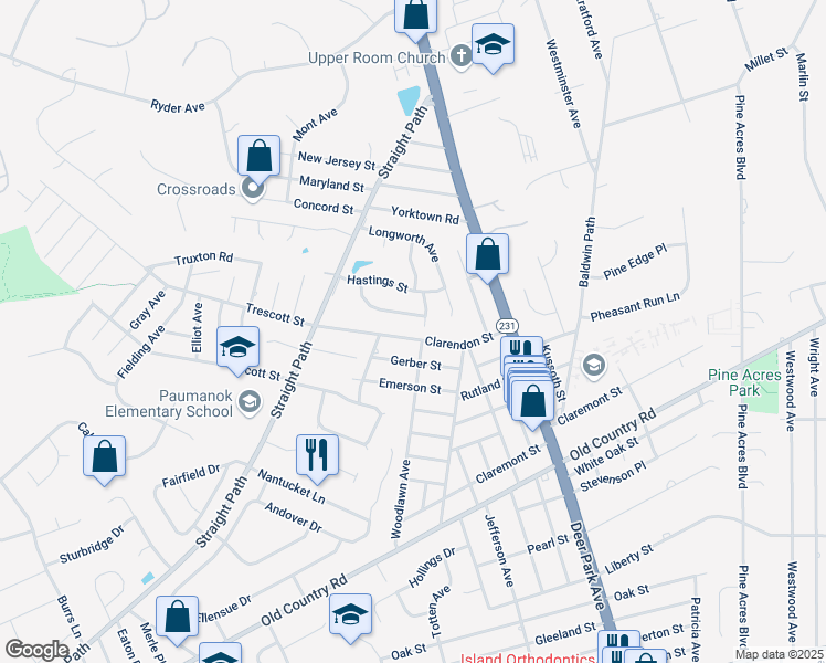 map of restaurants, bars, coffee shops, grocery stores, and more near 30 Clarendon Street in Dix Hills