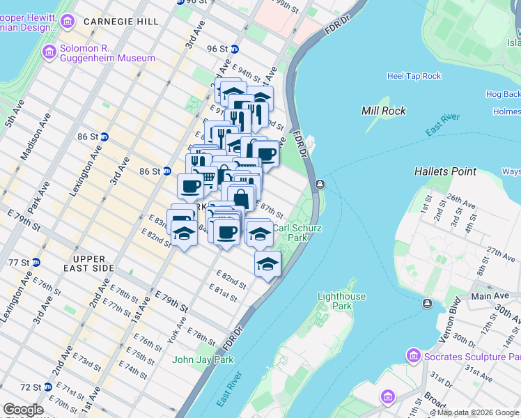 map of restaurants, bars, coffee shops, grocery stores, and more near 528 East 87th Street in New York