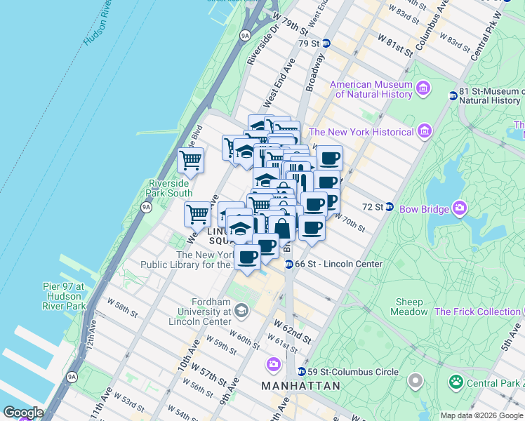 map of restaurants, bars, coffee shops, grocery stores, and more near 170 Amsterdam Avenue in New York