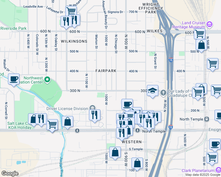 map of restaurants, bars, coffee shops, grocery stores, and more near 970 West 300 North in Salt Lake City