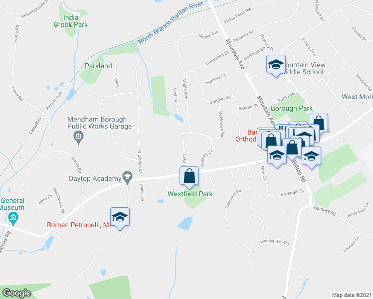 map of restaurants, bars, coffee shops, grocery stores, and more near 9 Lake Drive in Mendham