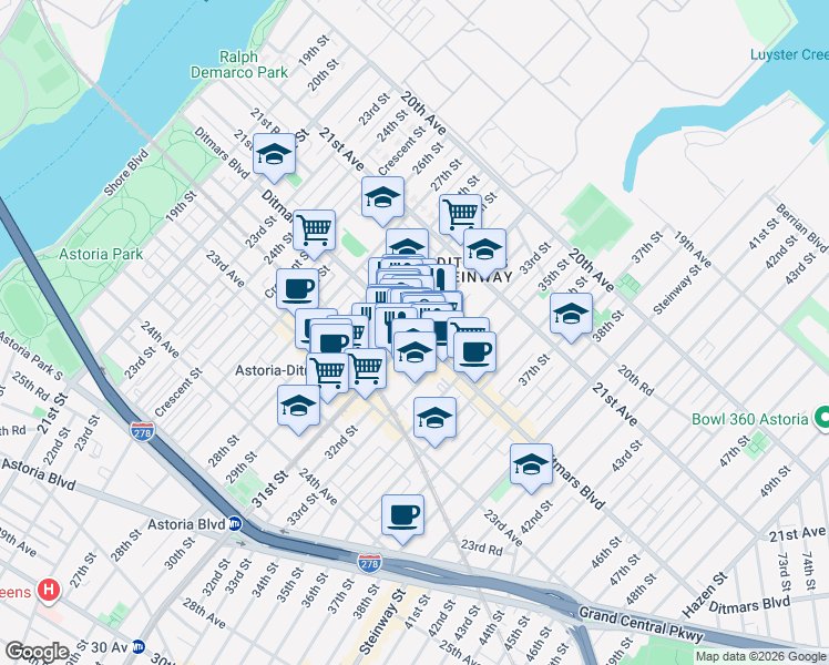 map of restaurants, bars, coffee shops, grocery stores, and more near Ditmars Blvd & 31st St in Queens