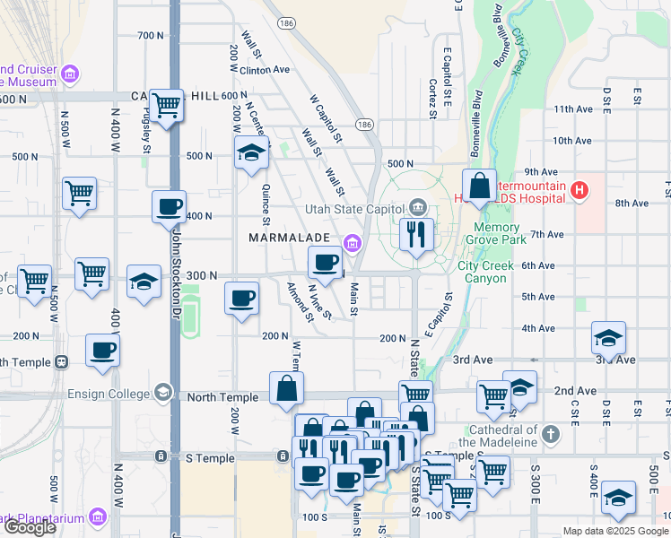 map of restaurants, bars, coffee shops, grocery stores, and more near 22 West 300 North in Salt Lake City