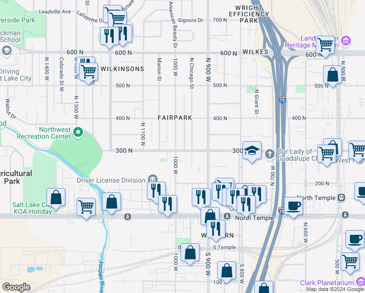 map of restaurants, bars, coffee shops, grocery stores, and more near 970 West 300 North in Salt Lake City
