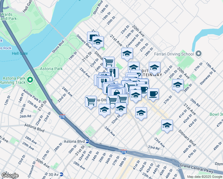 map of restaurants, bars, coffee shops, grocery stores, and more near 22-64 28th Street in Queens