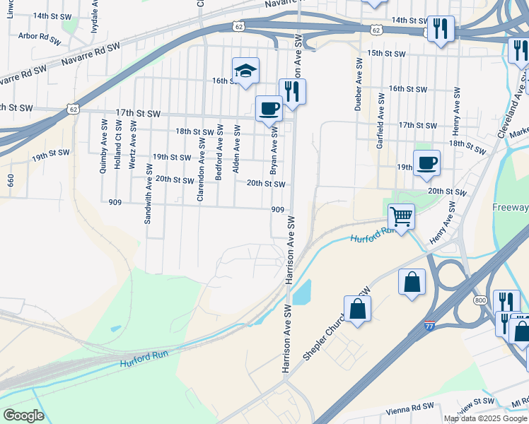 map of restaurants, bars, coffee shops, grocery stores, and more near 2103 Bryan Avenue Southwest in Canton