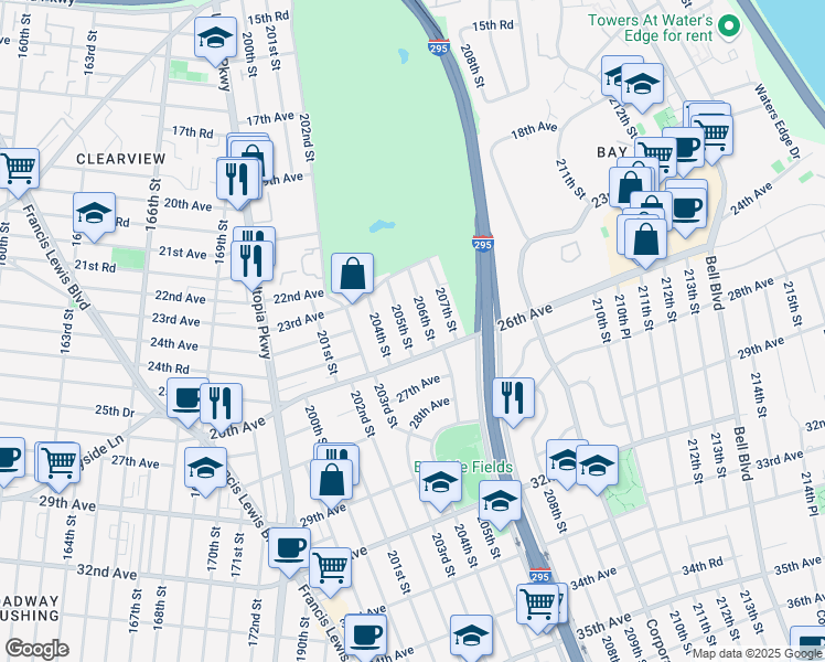map of restaurants, bars, coffee shops, grocery stores, and more near 23-58 205th Street in Queens