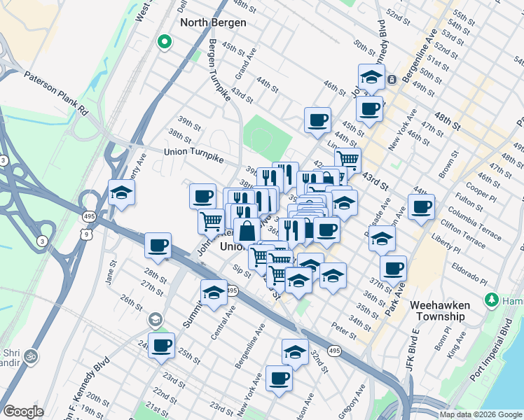 map of restaurants, bars, coffee shops, grocery stores, and more near 3700 John F. Kennedy Boulevard in Union City