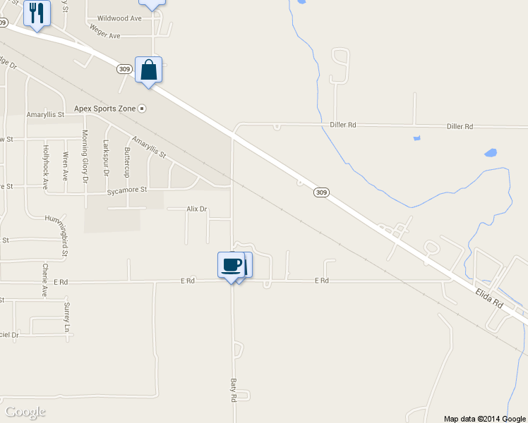 map of restaurants, bars, coffee shops, grocery stores, and more near 2622 Baty Road in Lima