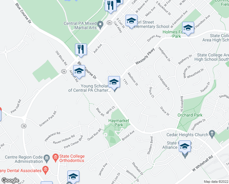 map of restaurants, bars, coffee shops, grocery stores, and more near 1530 Westerly Parkway in State College