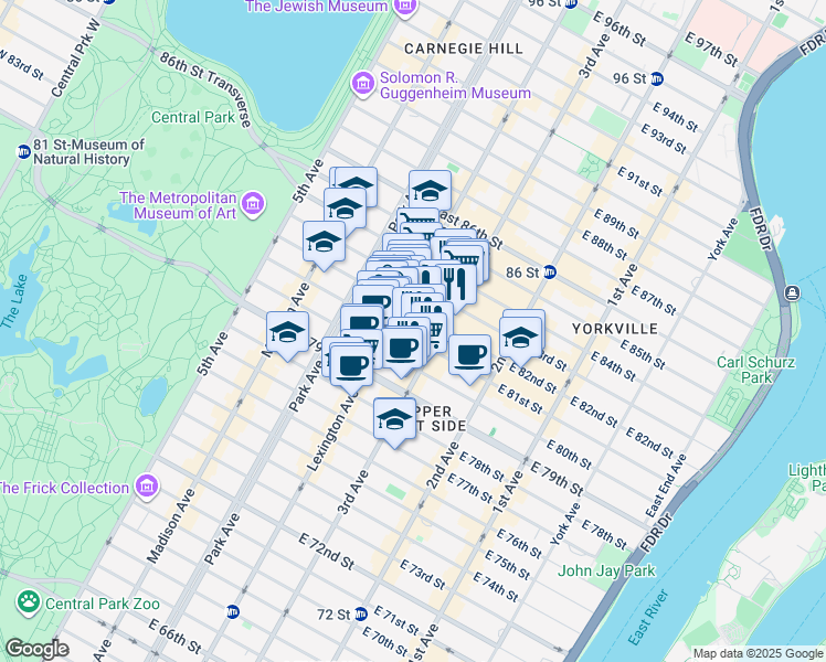 map of restaurants, bars, coffee shops, grocery stores, and more near 157 East 81st Street in New York