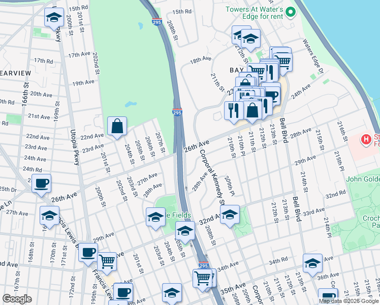 map of restaurants, bars, coffee shops, grocery stores, and more near 208-10 26th Avenue in Queens