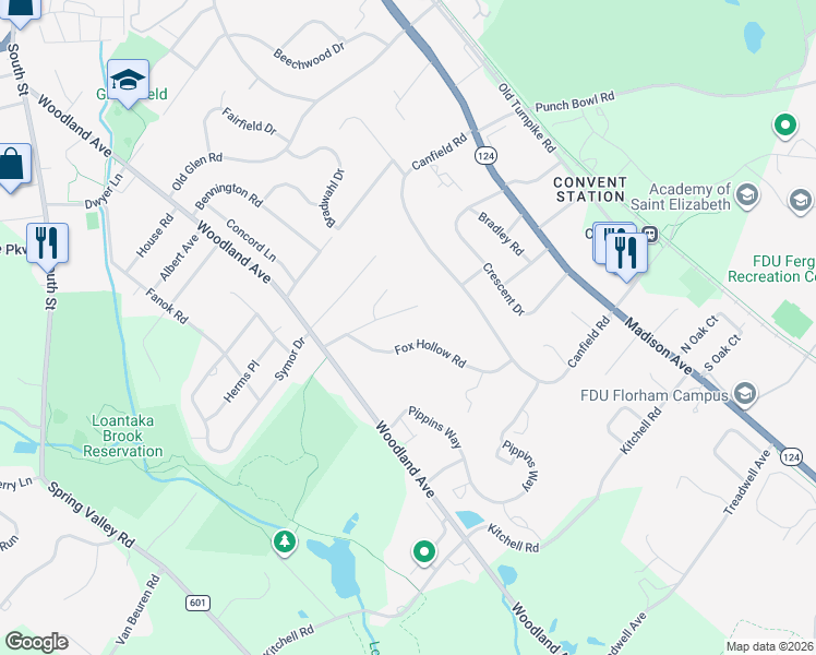 map of restaurants, bars, coffee shops, grocery stores, and more near 9 Fox Hollow Road in Morristown