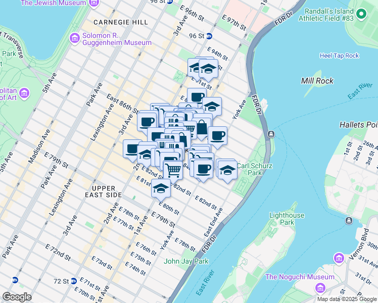 map of restaurants, bars, coffee shops, grocery stores, and more near 407 East 85th Street in New York