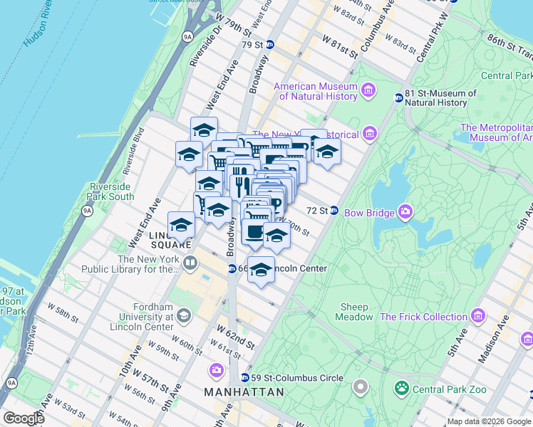 map of restaurants, bars, coffee shops, grocery stores, and more near 198 Columbus Avenue in New York