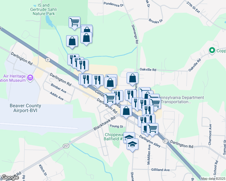 map of restaurants, bars, coffee shops, grocery stores, and more near 2650 Constitution Boulevard in Beaver Falls