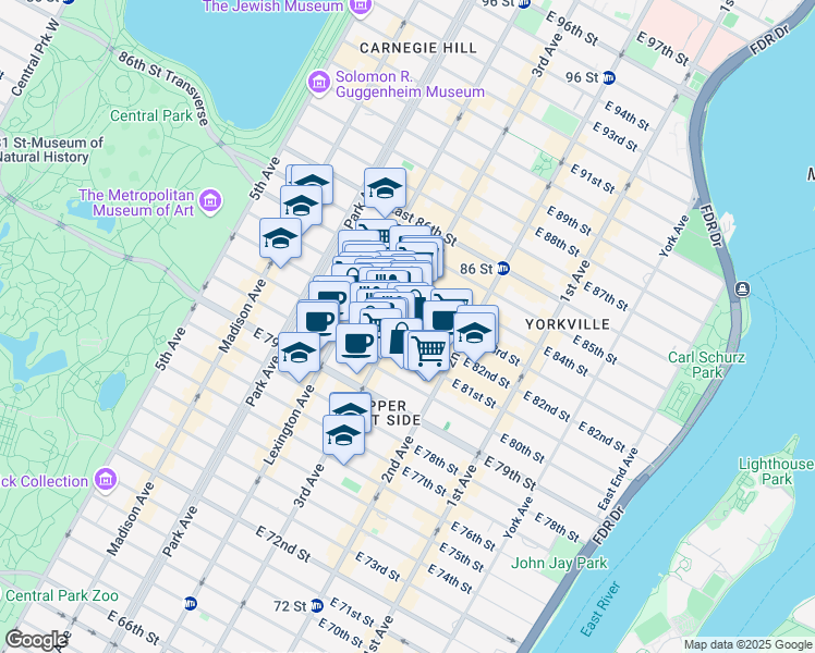 map of restaurants, bars, coffee shops, grocery stores, and more near 201 East 82nd Street in New York
