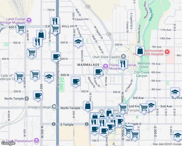 map of restaurants, bars, coffee shops, grocery stores, and more near 80 West 300 North in Salt Lake City