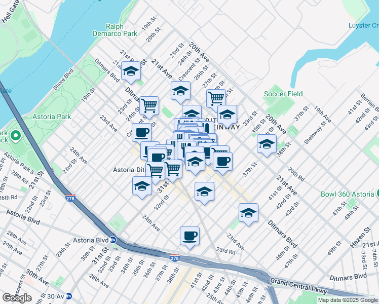 map of restaurants, bars, coffee shops, grocery stores, and more near in Queens