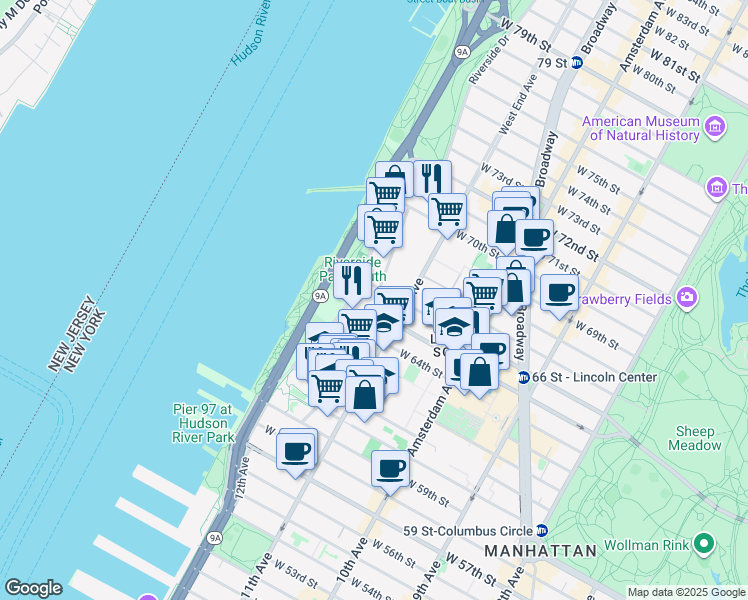 map of restaurants, bars, coffee shops, grocery stores, and more near 320 West 66th Street in New York