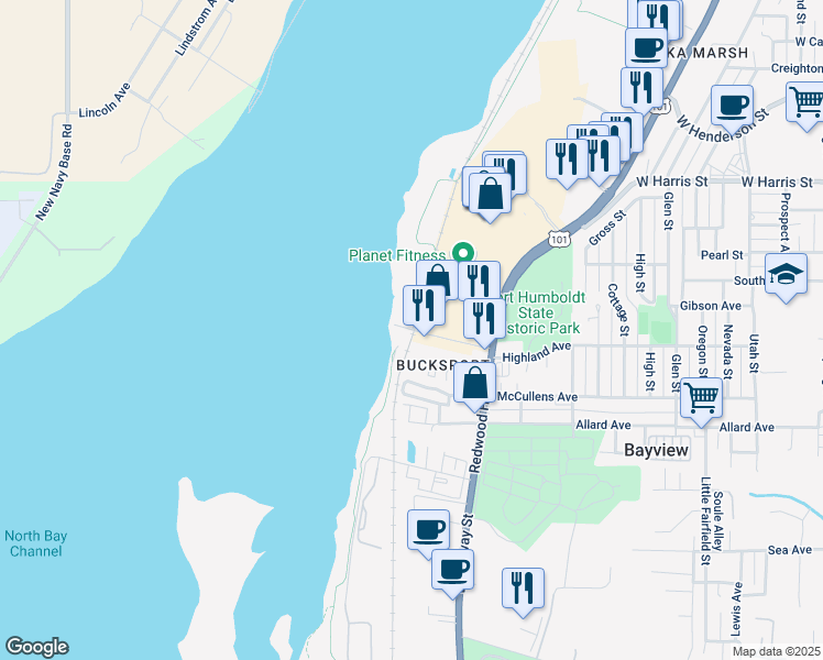 map of restaurants, bars, coffee shops, grocery stores, and more near 2030 Truesdale St in Eureka