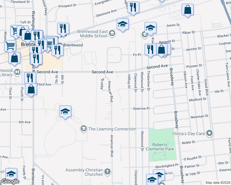 map of restaurants, bars, coffee shops, grocery stores, and more near 31 Robin Hill Place in Brentwood