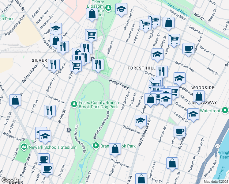 map of restaurants, bars, coffee shops, grocery stores, and more near 705 Degraw Avenue in Newark