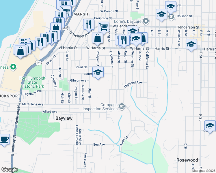 map of restaurants, bars, coffee shops, grocery stores, and more near 624 Highland Avenue in Eureka
