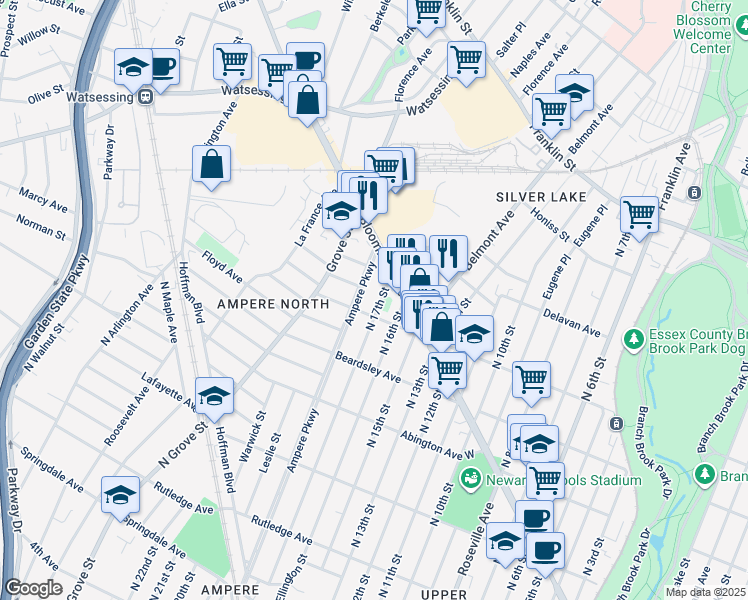 map of restaurants, bars, coffee shops, grocery stores, and more near 269 North 17th Street in Bloomfield