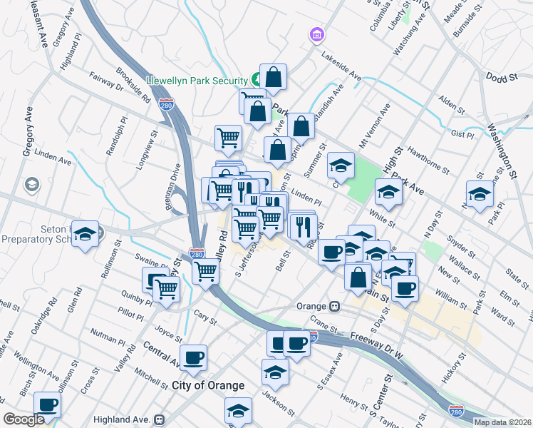 map of restaurants, bars, coffee shops, grocery stores, and more near 22 North Jefferson Street in City of Orange