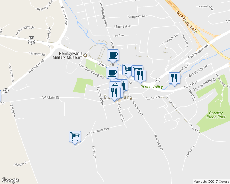 map of restaurants, bars, coffee shops, grocery stores, and more near Rockeys Alley in Boalsburg