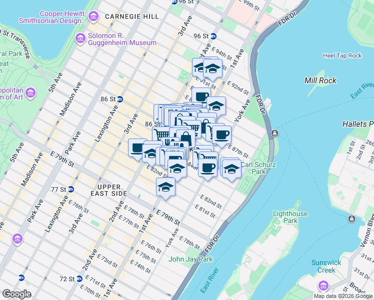 map of restaurants, bars, coffee shops, grocery stores, and more near 1st Avenue & E 85th St in New York