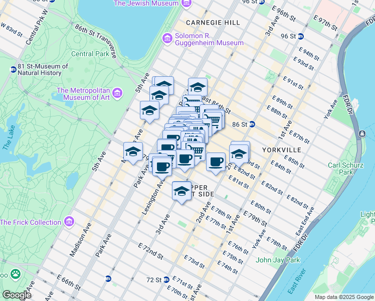 map of restaurants, bars, coffee shops, grocery stores, and more near 151 East 81st Street in New York