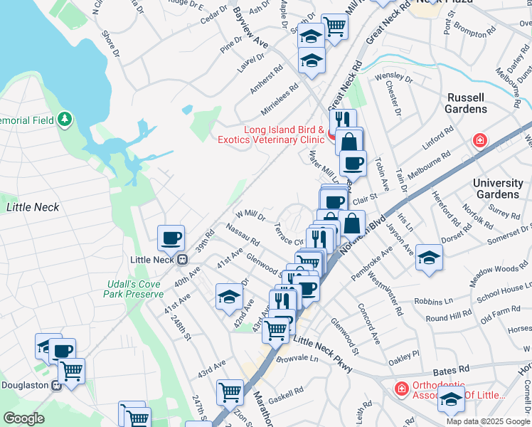 map of restaurants, bars, coffee shops, grocery stores, and more near 23 West Mill Drive in Great Neck